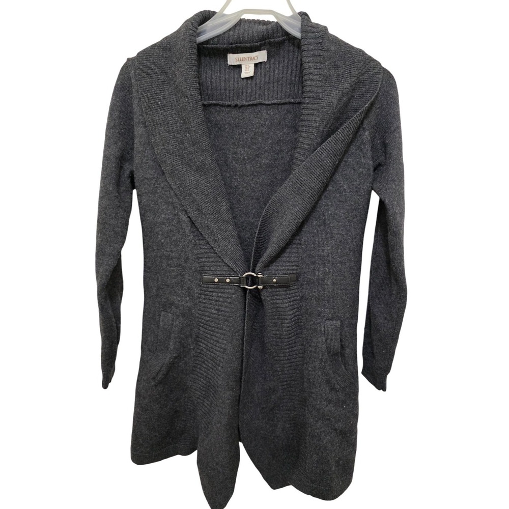 Ellen Tracy Women's Open Front Long Cardigan Wool Blend Leather Accent & Pockets